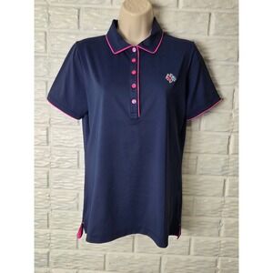 Peter Millar Women's size Medium polo shirt Polyester Stretch Navy Blue Pink